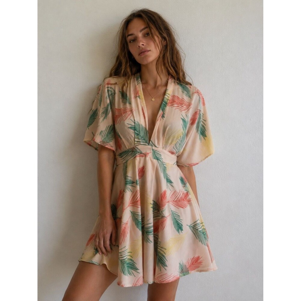 Womens Small Peach Tropical Leaf Print Dress Kimono Sleeve Tie Waist Boho
